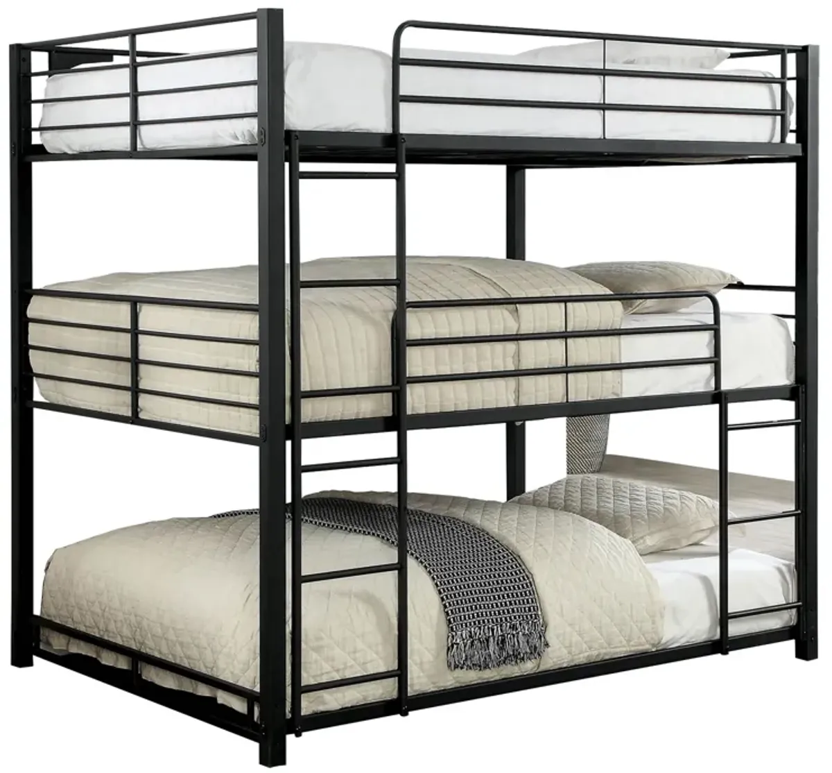 Industrial Style Full Triple Decker Bunk Bed with Ladder, Black-Benzara