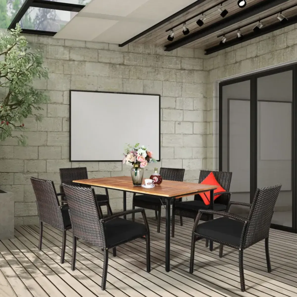 Mondawe 7 Pcs Patio Dining Set,Acacia Wood Table with 2.16" Umbrella Hole & 6 Cushioned Armchairs