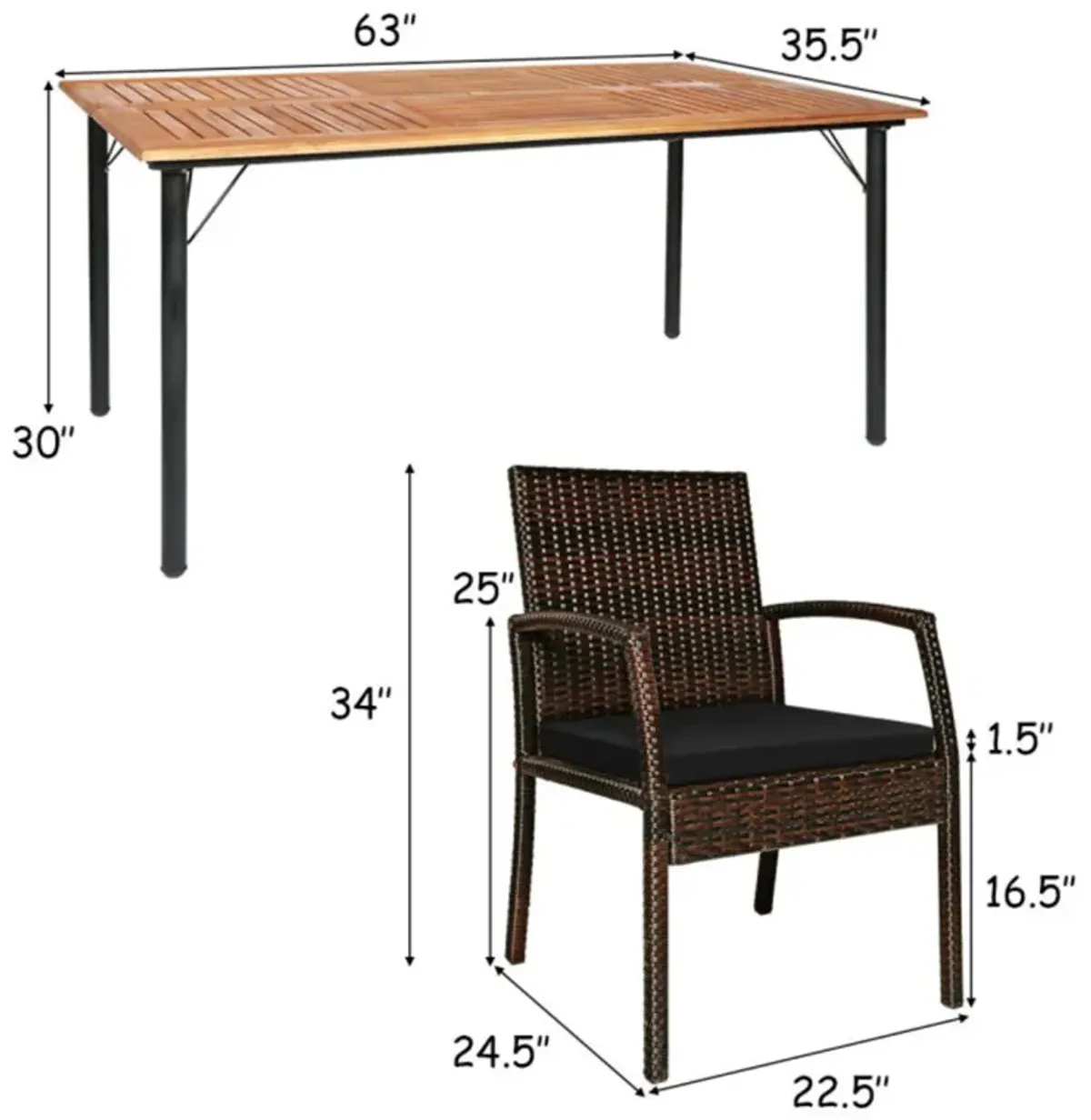 Mondawe 7 Pcs Patio Dining Set,Acacia Wood Table with 2.16" Umbrella Hole & 6 Cushioned Armchairs