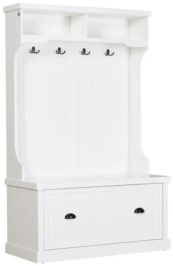 White Hall Cabinet: Coat and Shoe Storage with Top/Bottom Compartments, Hooks, Bench