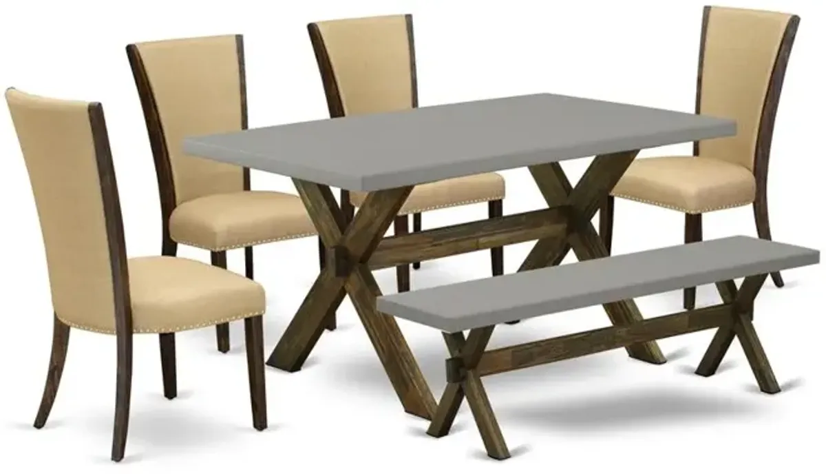 East West Furniture X796VE703-6 6 Piece Dining Table Set - 4 Brown Linen Fabric Modern Chair with Nailheads and Cement Wood Table - 1 Dining Bench - Distressed Jacobean Finish