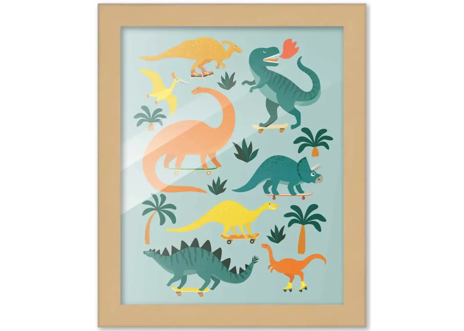 8x10 Framed Nursery Wall Art Hand Drawn Dinosaur Skateboard Poster in Black Wood Frame For Kid Bedroom or Playroom