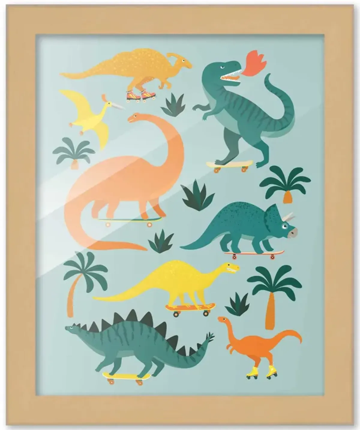 8x10 Framed Nursery Wall Art Hand Drawn Dinosaur Skateboard Poster in Black Wood Frame For Kid Bedroom or Playroom