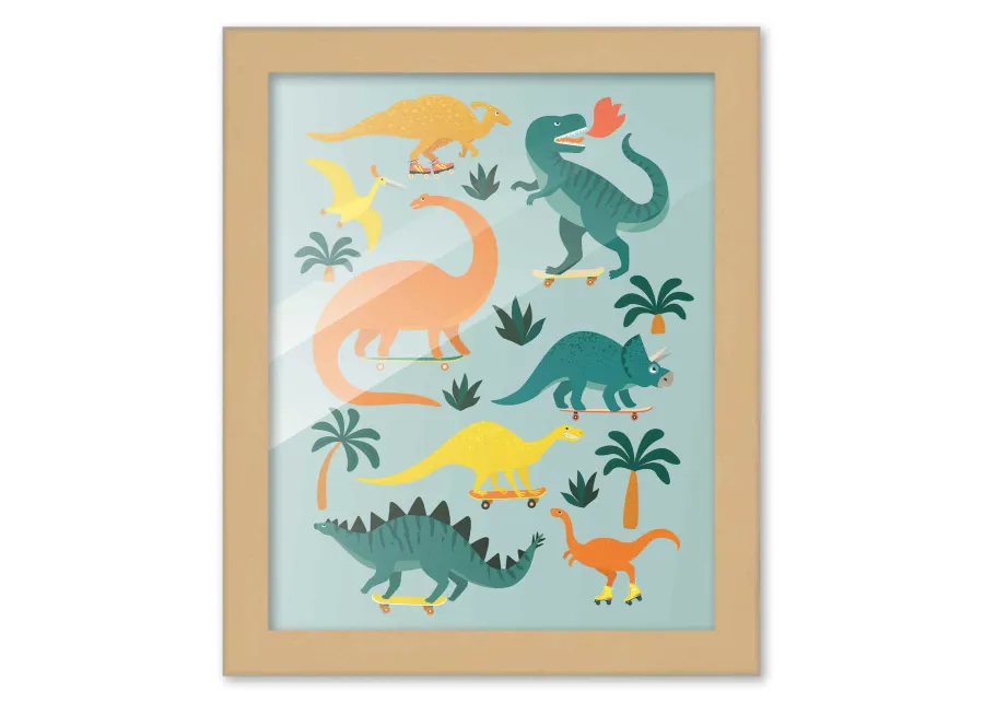 8x10 Framed Nursery Wall Art Hand Drawn Dinosaur Skateboard Poster in Black Wood Frame For Kid Bedroom or Playroom