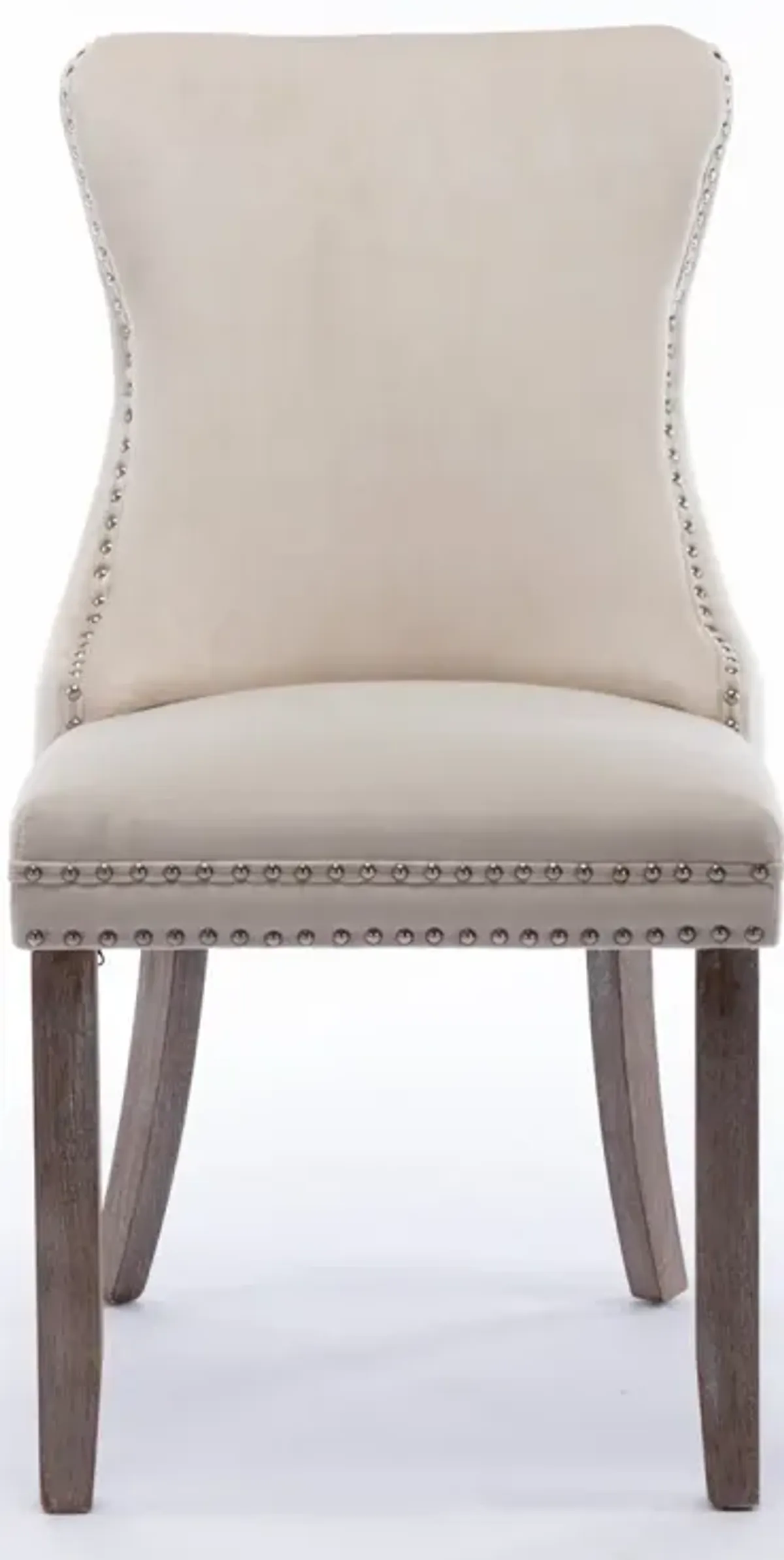 2 Beige Wingback Dining Chairs with Nailhead Trim & Wood Legs