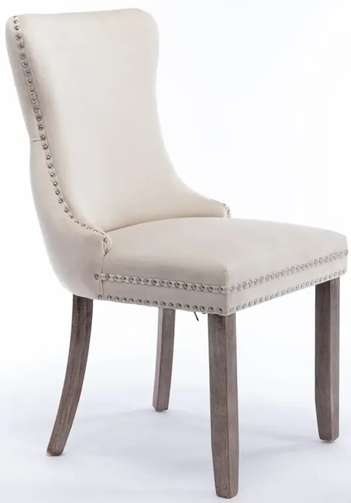 2 Beige Wingback Dining Chairs with Nailhead Trim & Wood Legs