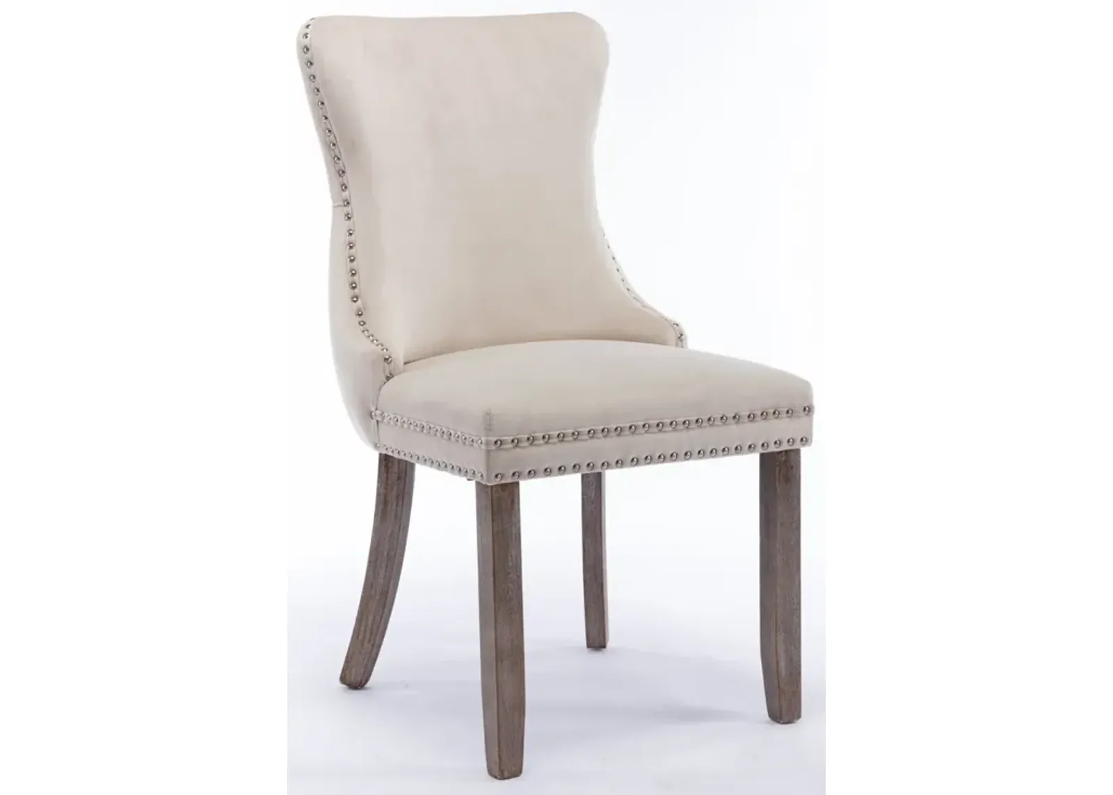 2 Beige Wingback Dining Chairs with Nailhead Trim & Wood Legs