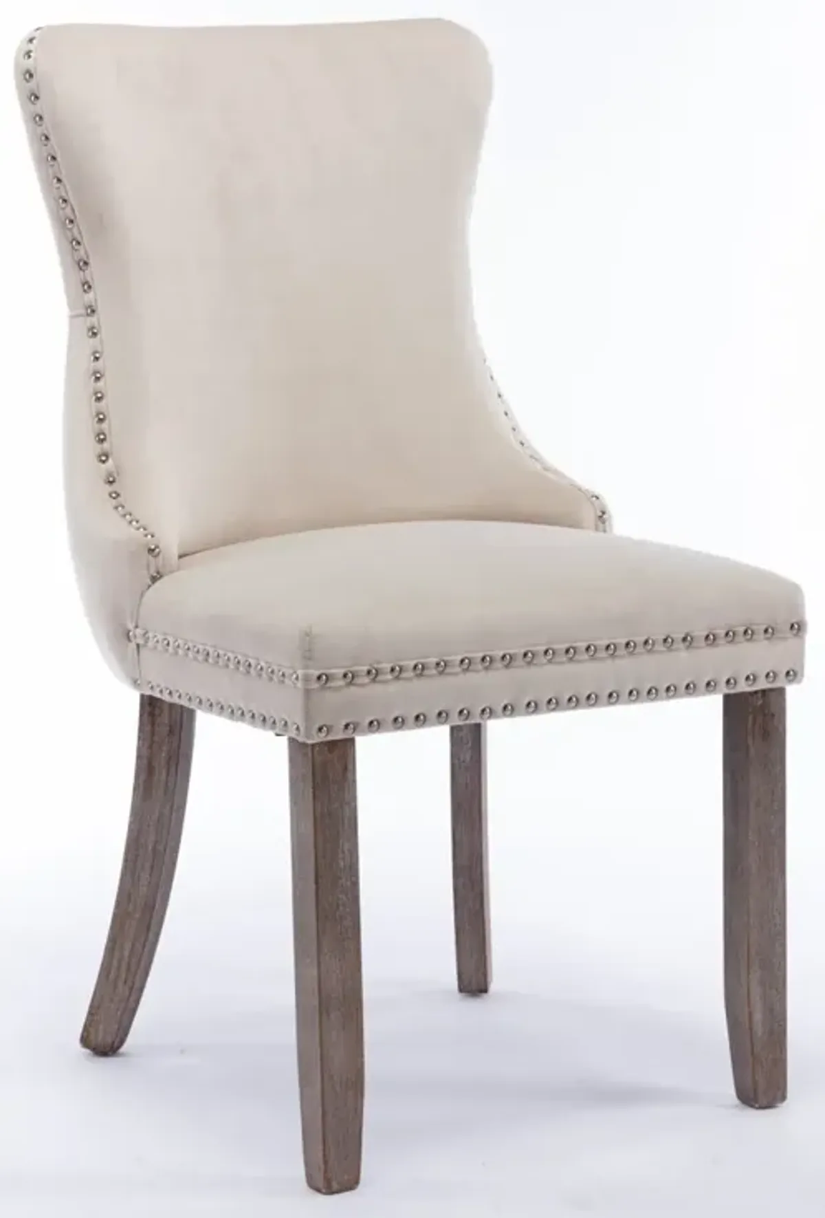 2 Beige Wingback Dining Chairs with Nailhead Trim & Wood Legs