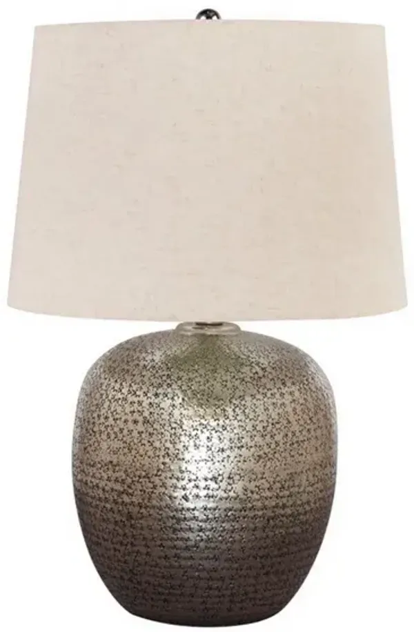 Bellied metal Body Table Lamp with Splotched Details, Brass and Cream - Benzara