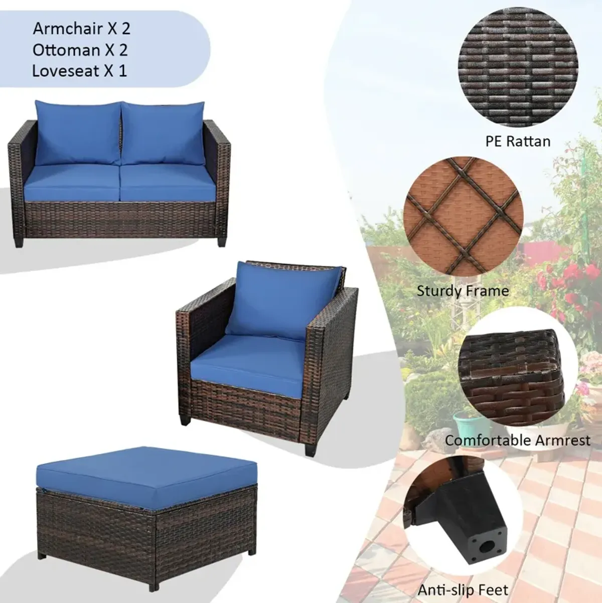 5 Pieces Patio Rattan Furniture Set Conversation Sets with Removable Cushions