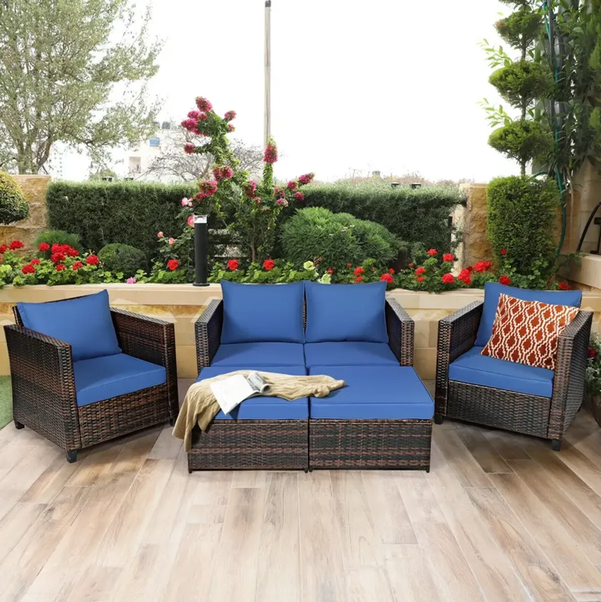 5 Pieces Patio Rattan Furniture Set Conversation Sets with Removable Cushions