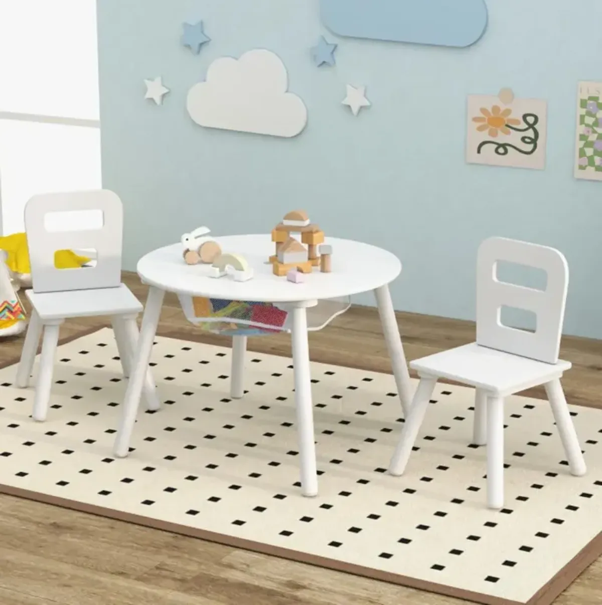 Hivvago Wood Activity Kids Table and Chair Set with Center Mesh Storage