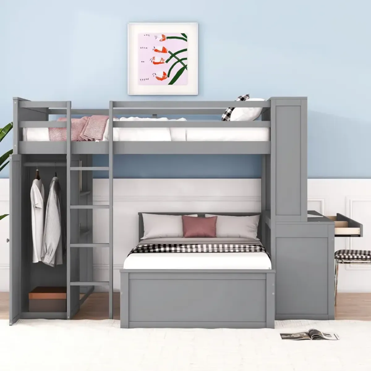 Full Size Loft Bed With A Twin Size Stand-Alone Bed, Shelves, Desk, And Wardrobe