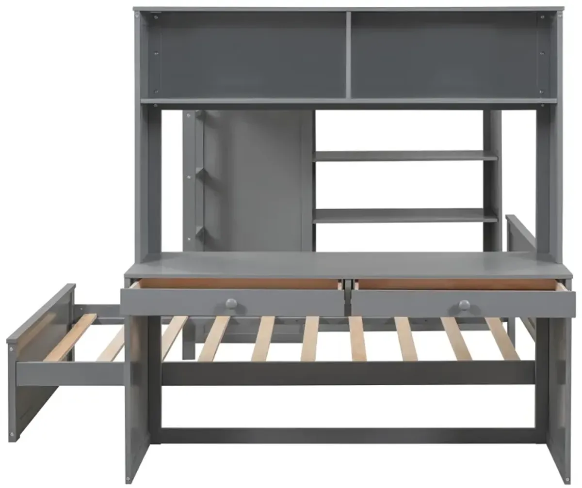 Full Size Loft Bed With A Twin Size Stand-Alone Bed, Shelves, Desk, And Wardrobe