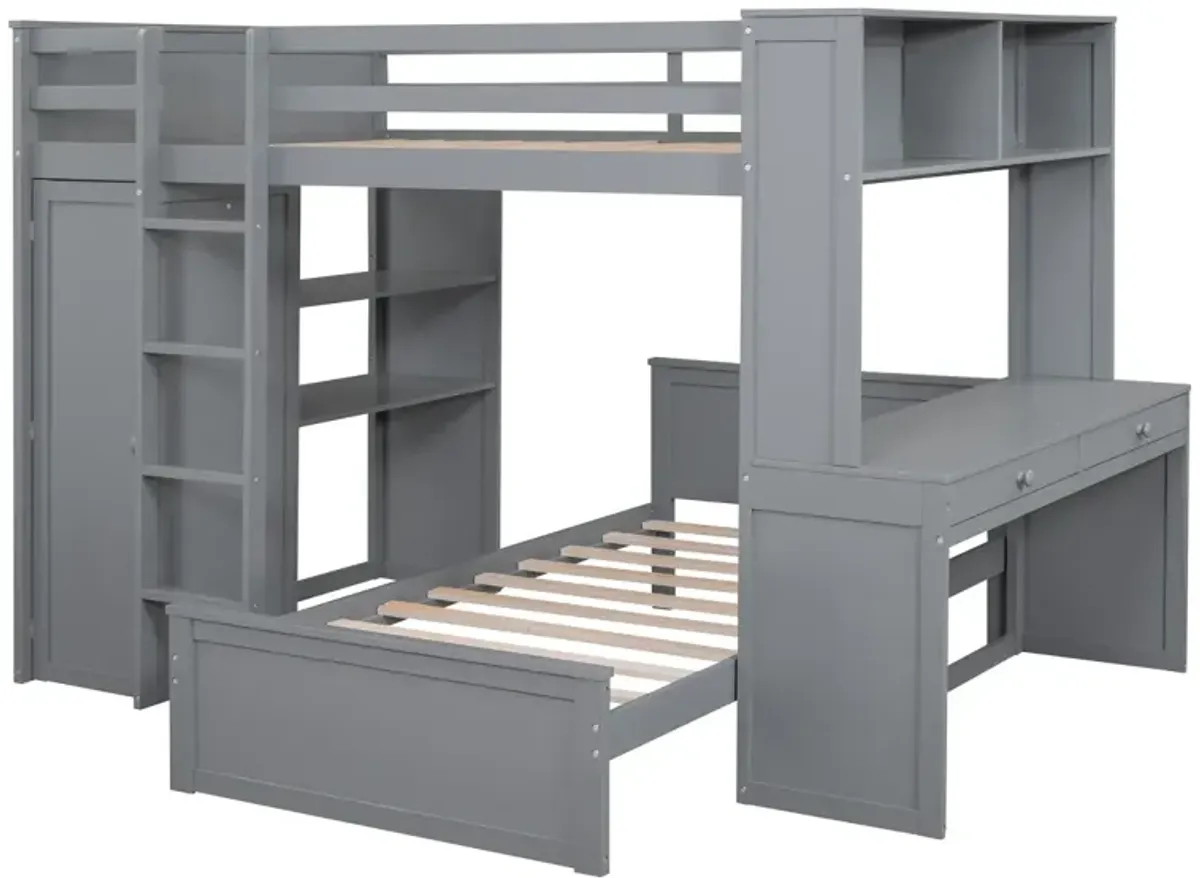 Full Size Loft Bed With A Twin Size Stand-Alone Bed, Shelves, Desk, And Wardrobe