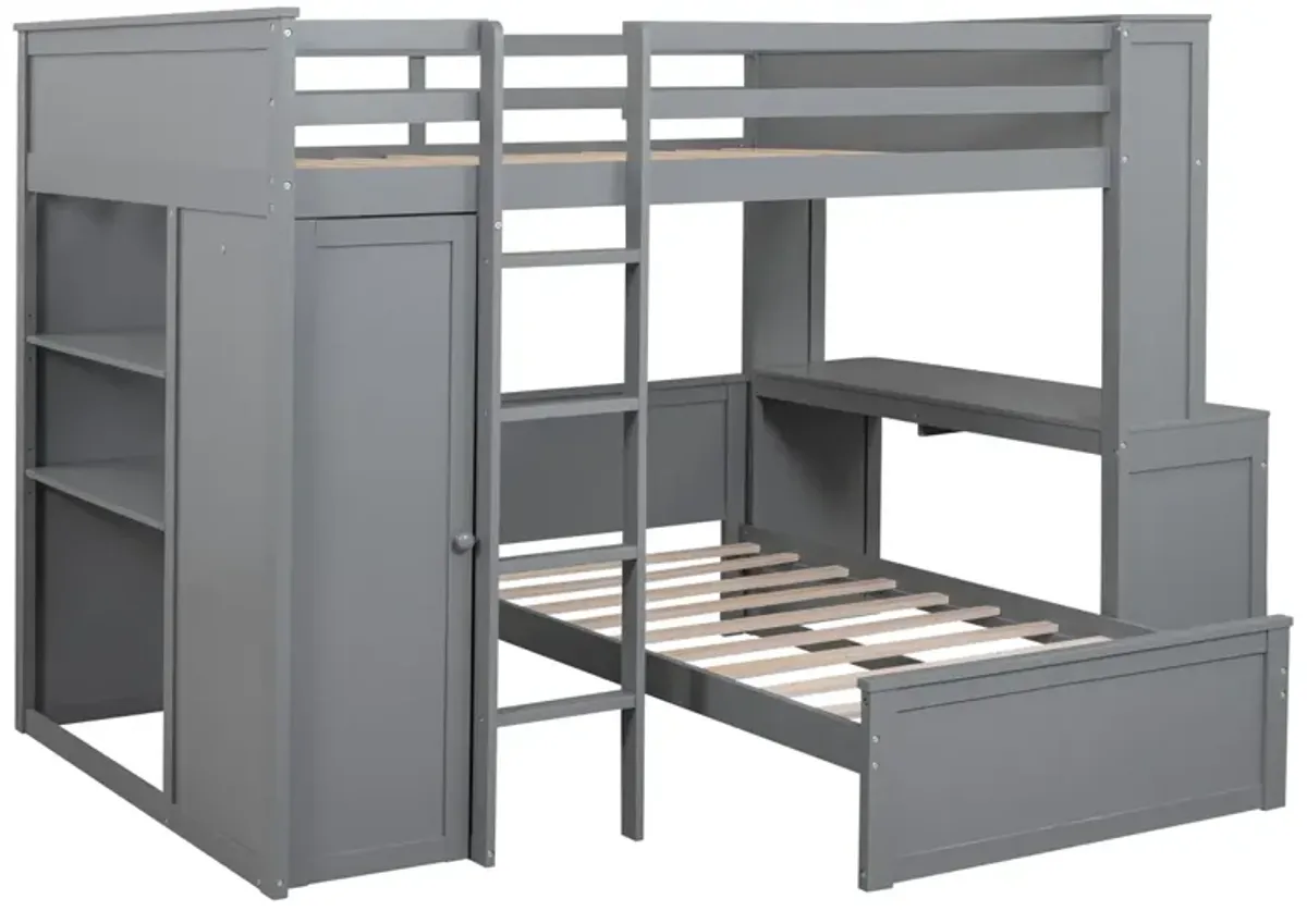 Full Size Loft Bed With A Twin Size Stand-Alone Bed, Shelves, Desk, And Wardrobe