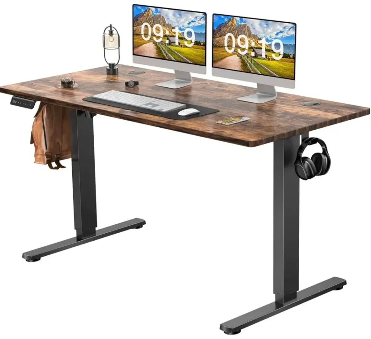 Electric Height Adjustable Standing Desk, Sit To Stand Ergonomic Computer Desk, Brown, 55" X 24"