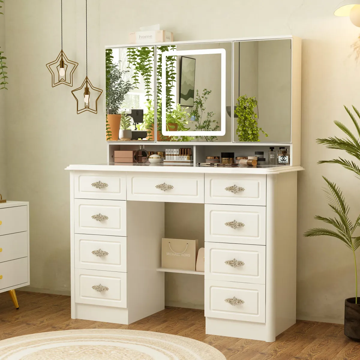 FUFU&GAGA Elegant Vanity Table by FUFU&GAGA with 9 Drawers & LED Mirror - 3 Adjustable Light Modes (43.3” W x 15.7” D x 54.1” H), White