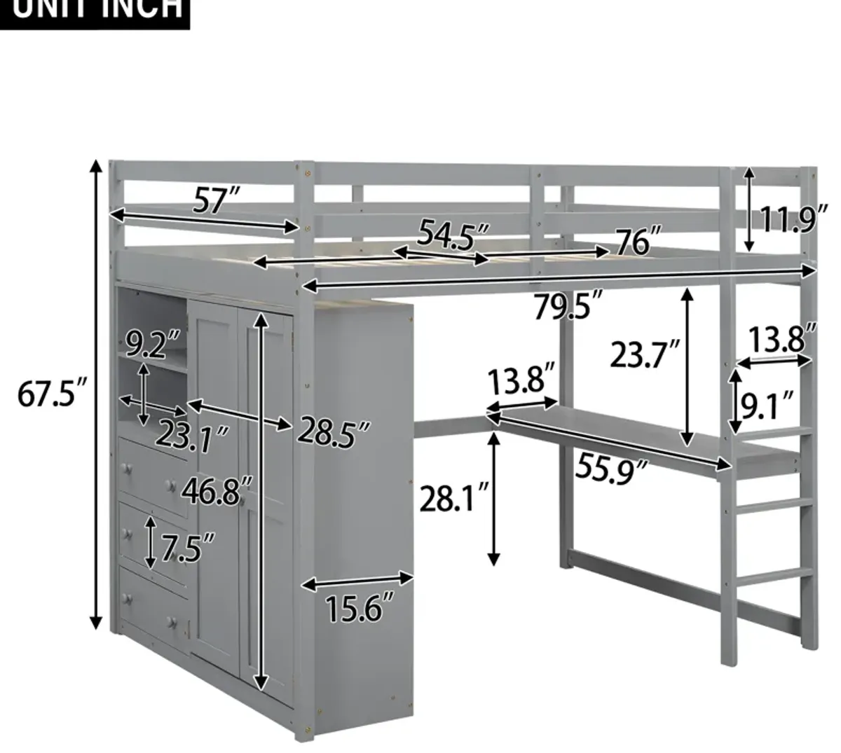 Merax Modern Loft Bed with Built-in Wardrobe and Desk