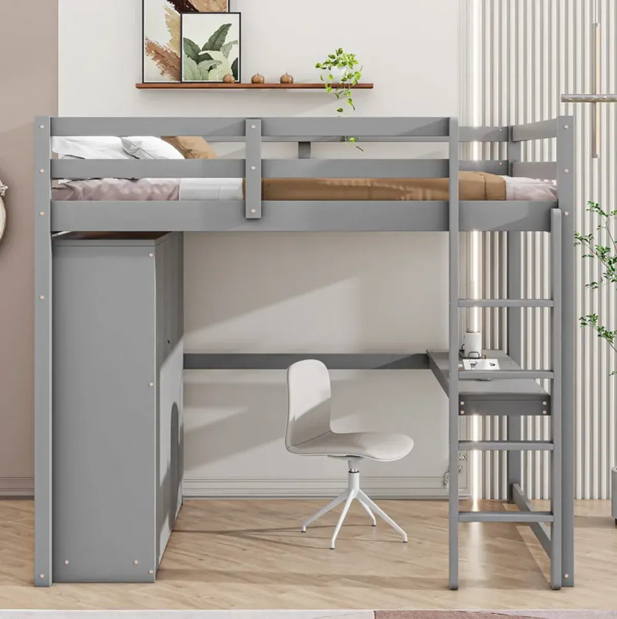 Merax Modern Loft Bed with Built-in Wardrobe and Desk