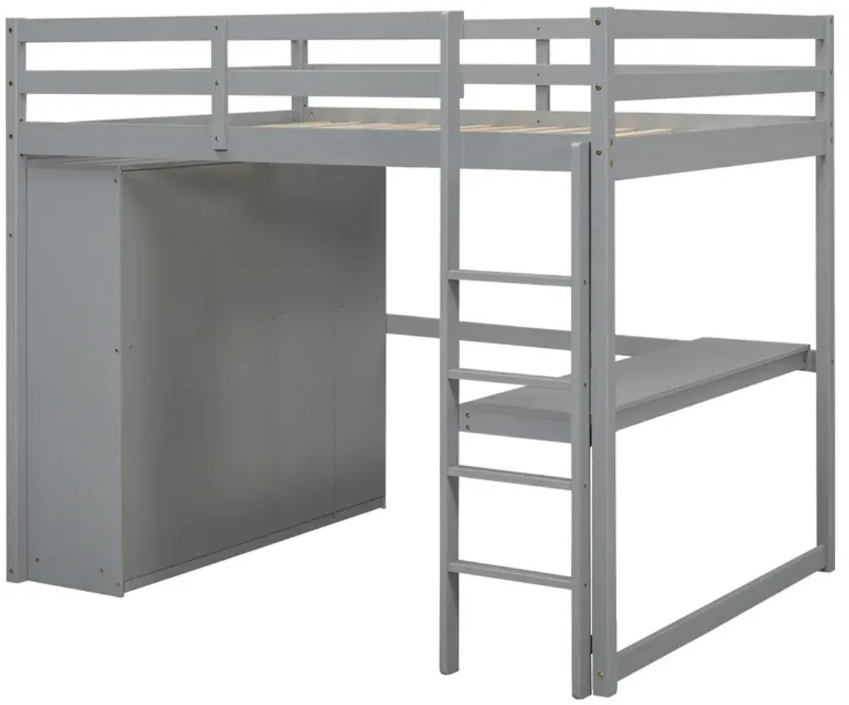 Merax Modern Loft Bed with Built-in Wardrobe and Desk