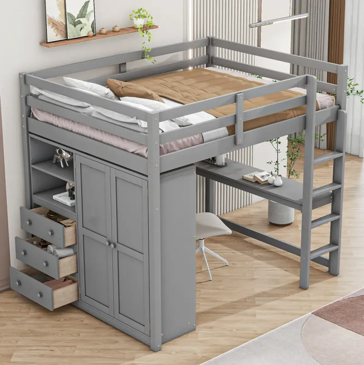 Merax Modern Loft Bed with Built-in Wardrobe and Desk