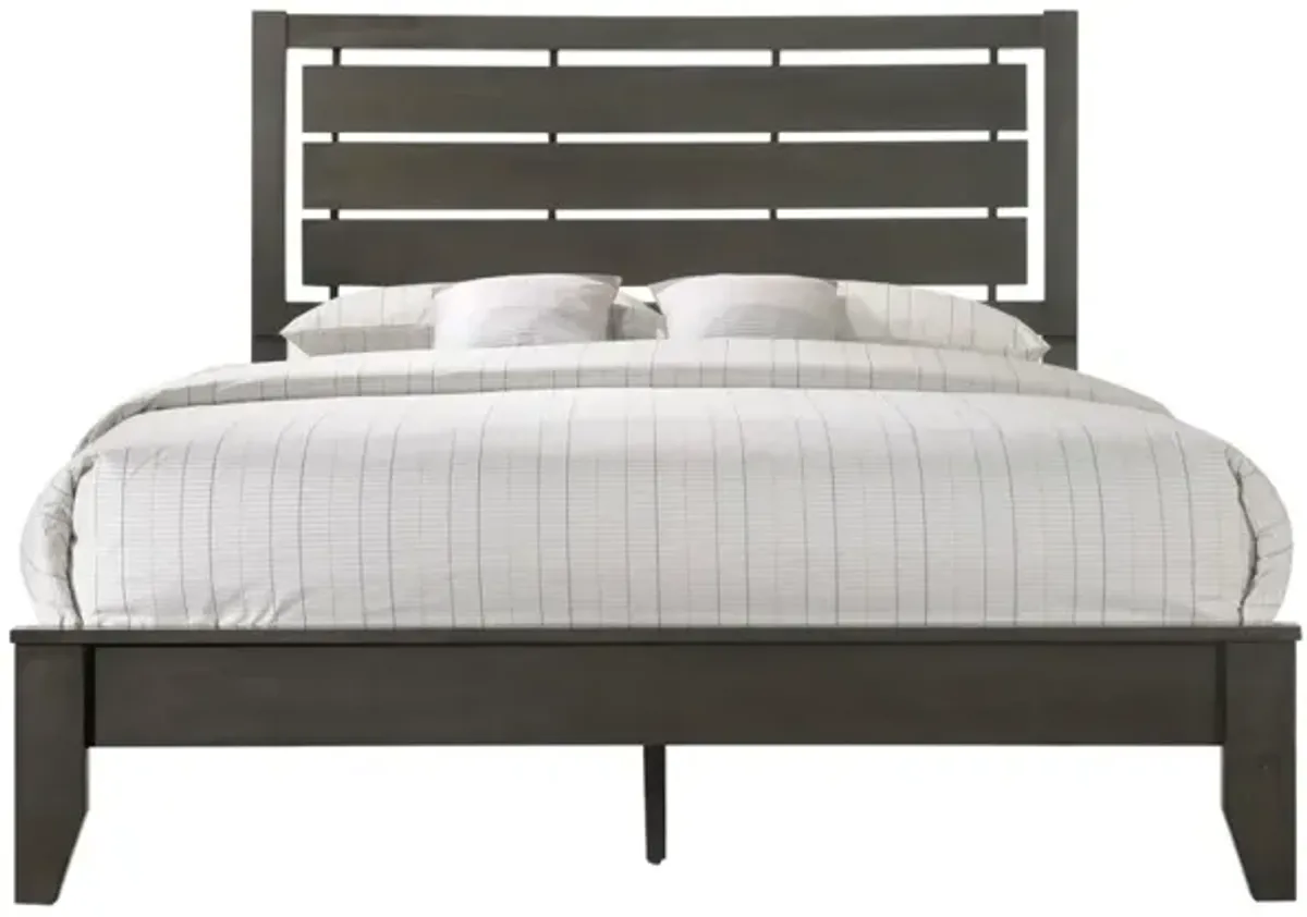 1 Piece Queen Size Gray Finish Panel Bed Geometric Design Frame Softly Curved Headboard Wooden