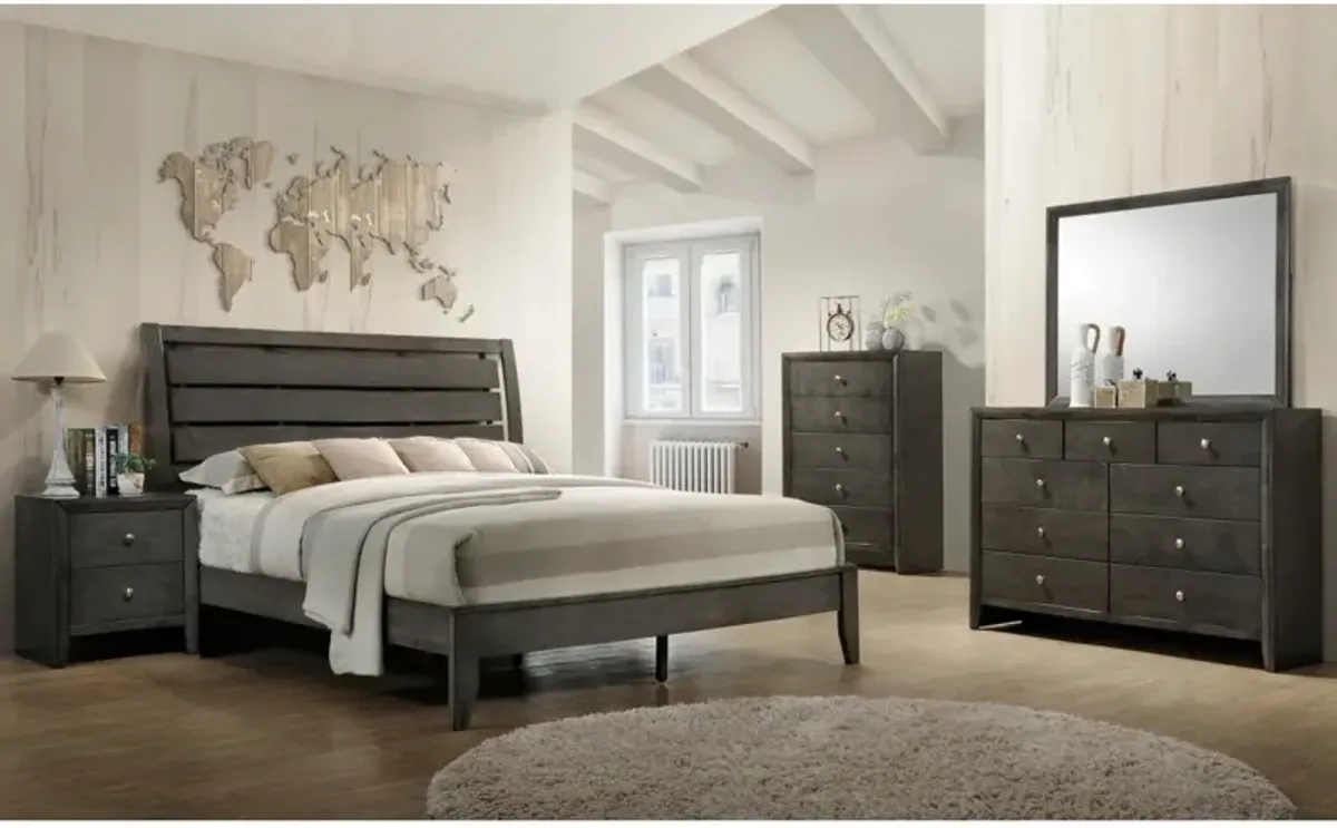 1 Piece Queen Size Gray Finish Panel Bed Geometric Design Frame Softly Curved Headboard Wooden