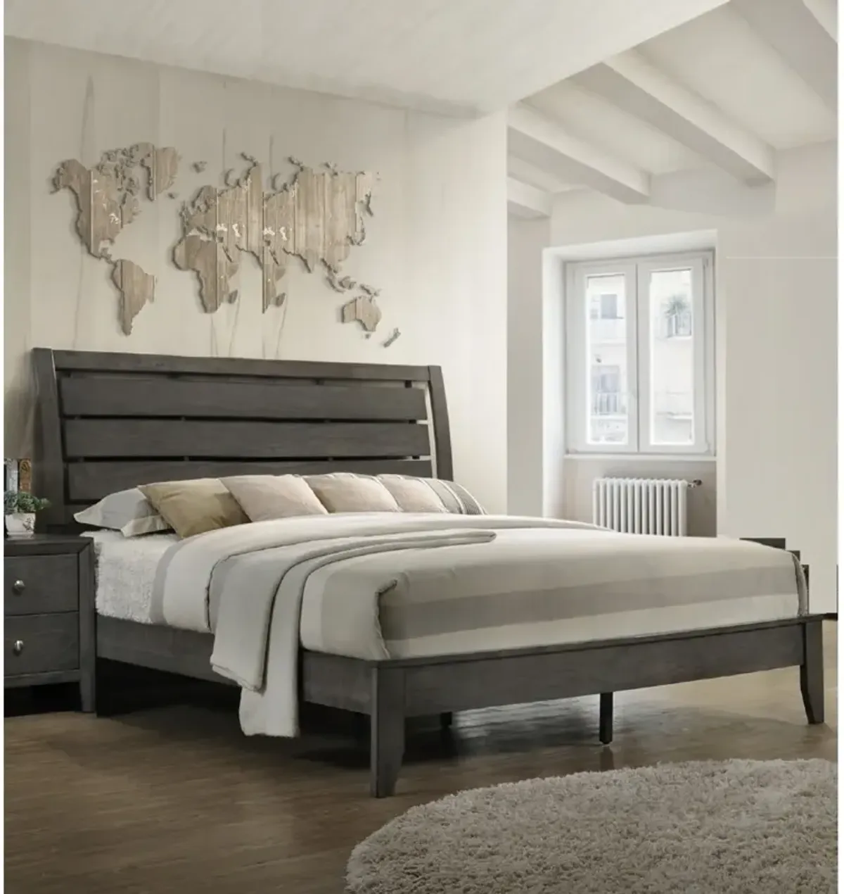 1 Piece Queen Size Gray Finish Panel Bed Geometric Design Frame Softly Curved Headboard Wooden