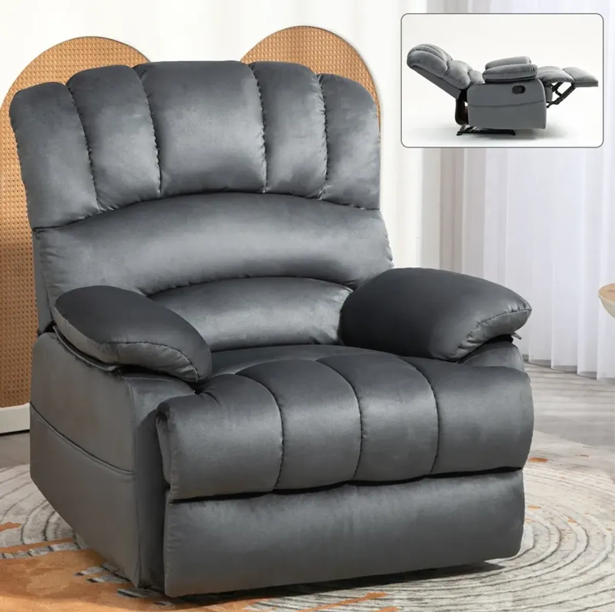 Mondawe Large Manual Recliner Chair in Fabric with Pillow Top Arms and Cushion Back for Living Room, Gray