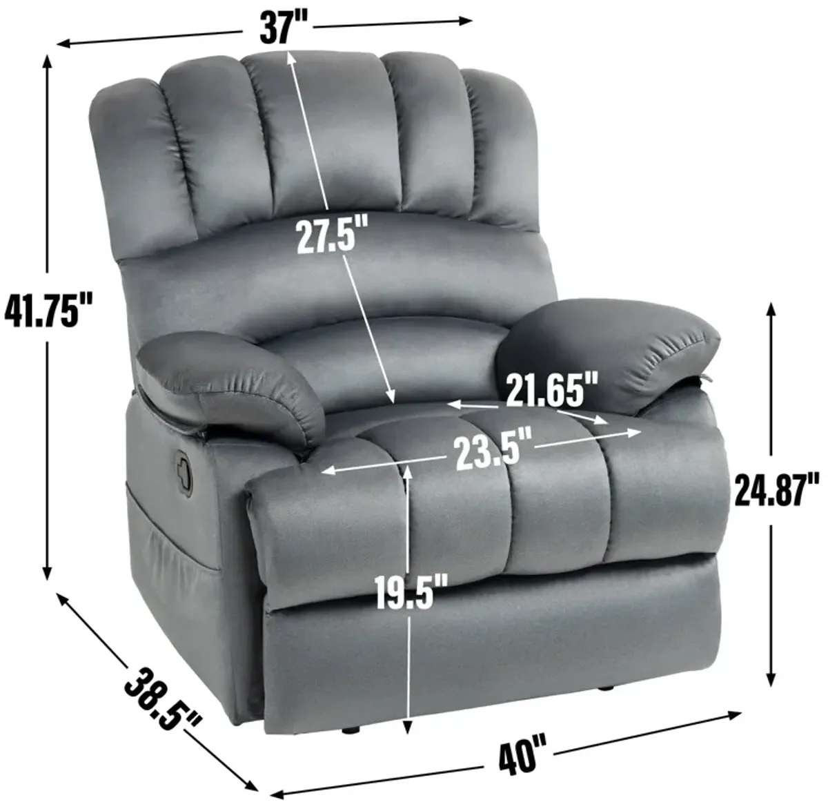 Mondawe Large Manual Recliner Chair in Fabric with Pillow Top Arms and Cushion Back for Living Room, Gray