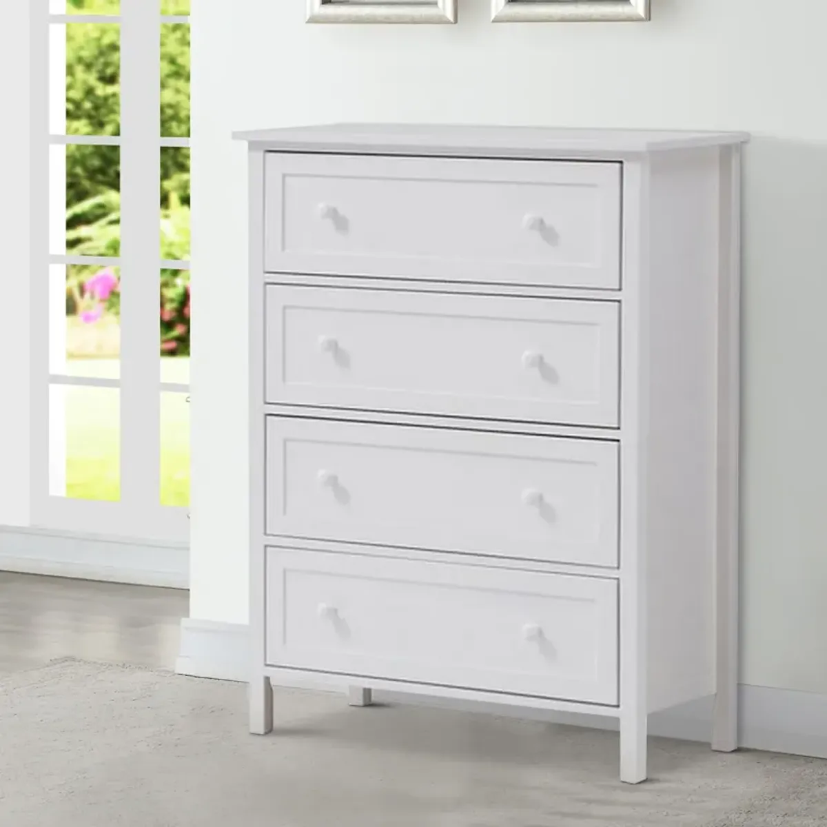 Mio 46 Inch 4 Drawer Tall Dresser Chest, Solid Wood, Glossy White - Benzara