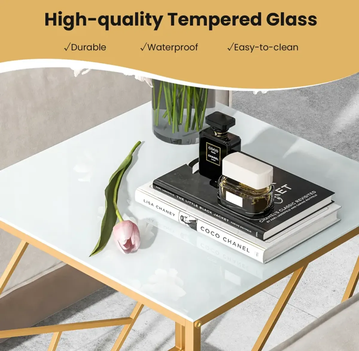 Square End Table with Tempered Glass Tabletop and Gold Finish Geometric Frame-Golden