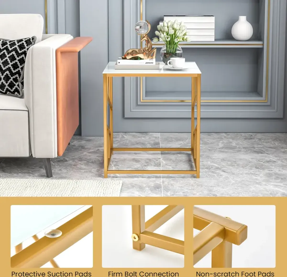 Square End Table with Tempered Glass Tabletop and Gold Finish Geometric Frame-Golden