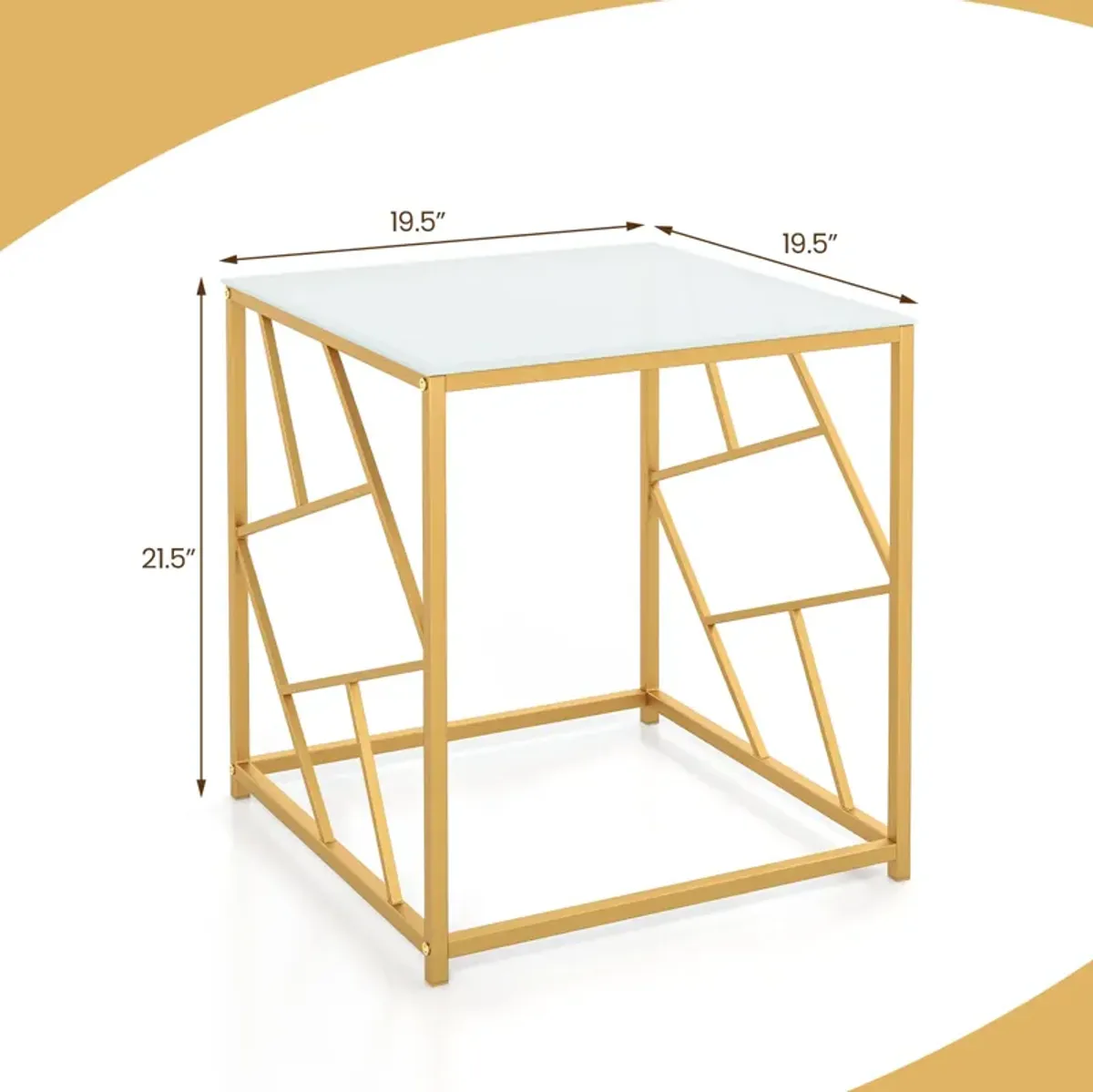 Square End Table with Tempered Glass Tabletop and Gold Finish Geometric Frame-Golden