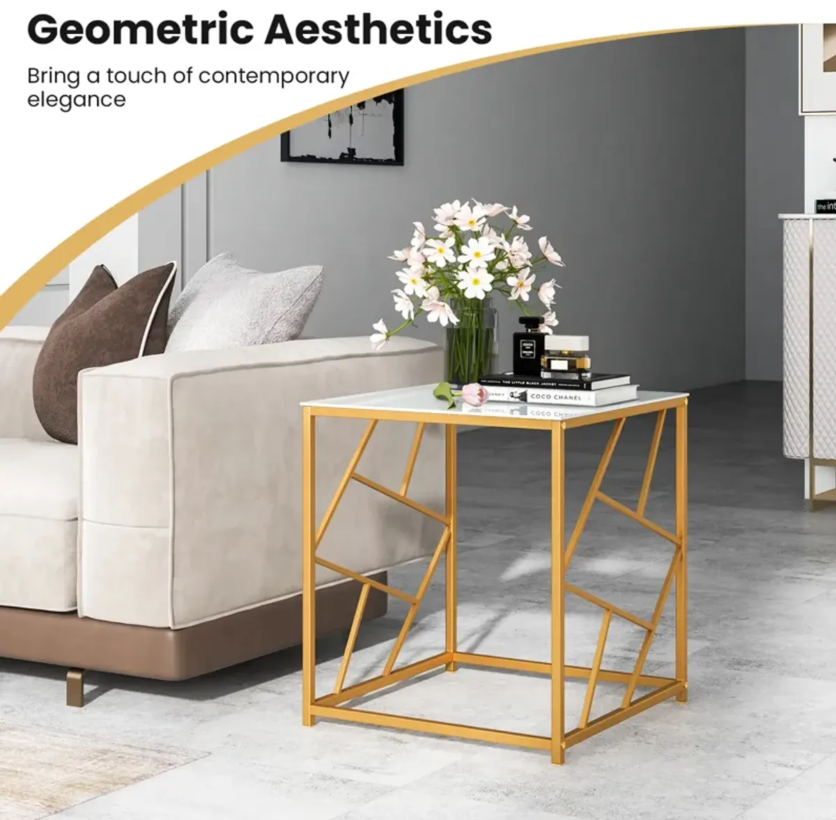 Square End Table with Tempered Glass Tabletop and Gold Finish Geometric Frame-Golden