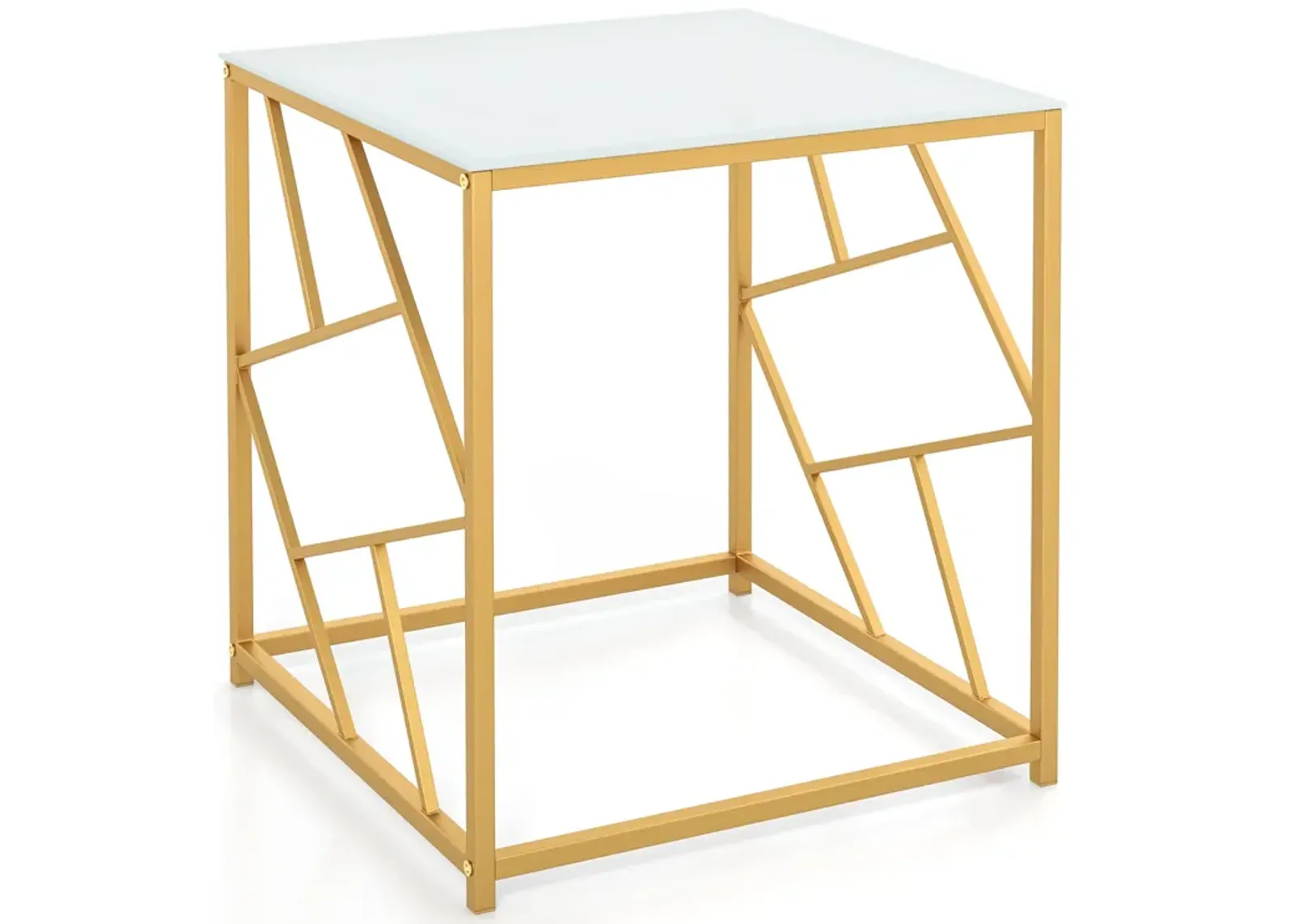 Square End Table with Tempered Glass Tabletop and Gold Finish Geometric Frame-Golden