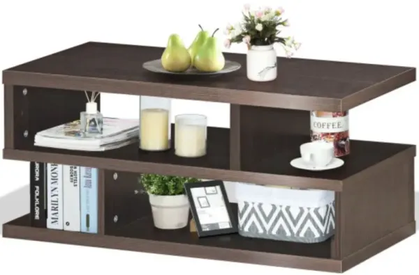 3-Tier Rectangular Modern Coffee Table with Storage Shelf - Dark Brown
