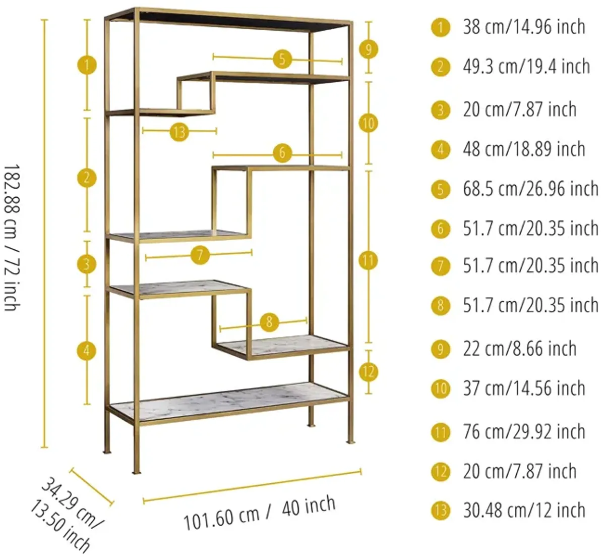 Teamson Home Marmo Modern Marble-Look 5-Tier Display Shelf, Faux Marble/Brass