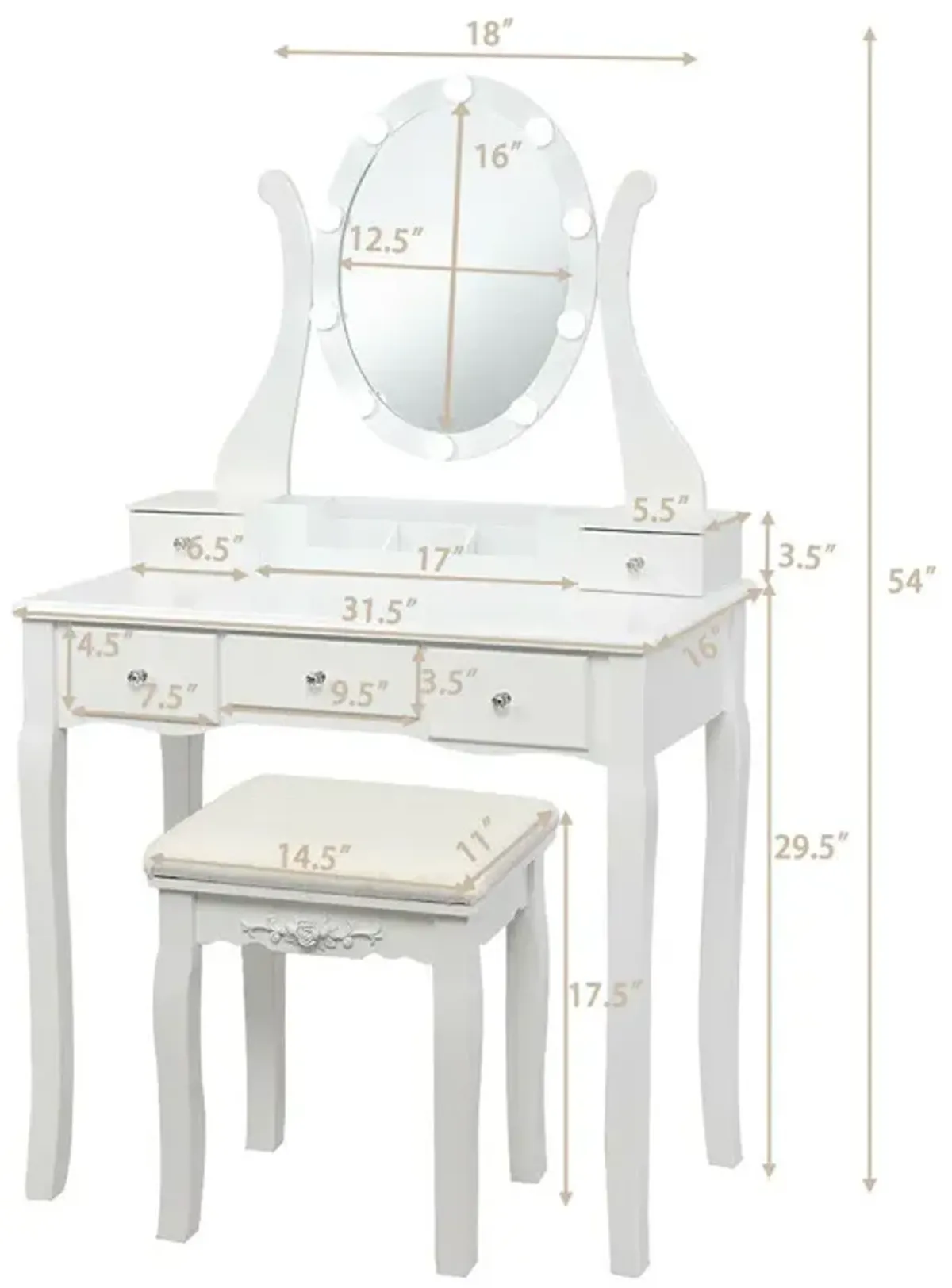 10 Dimmable Lights Vanity Table Set with Lighted Mirror and Cushioned Stool