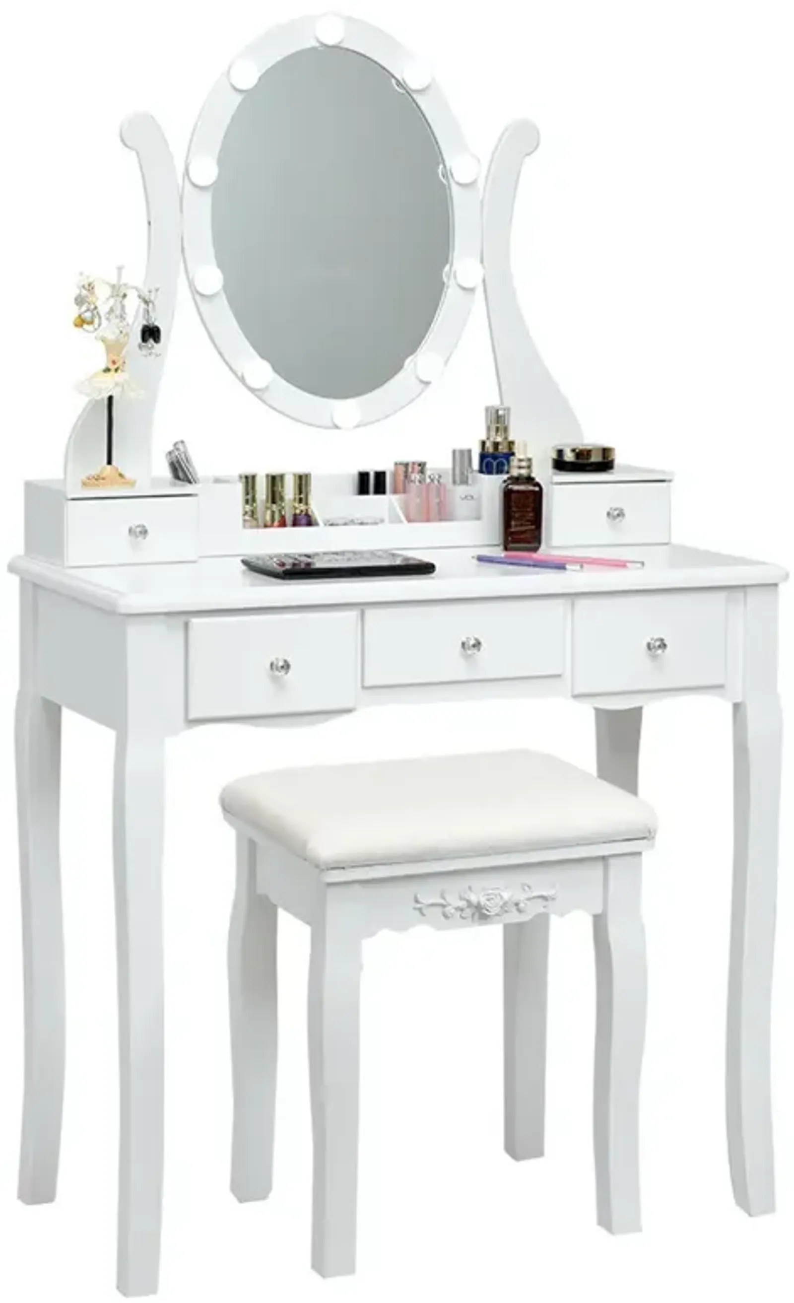 10 Dimmable Lights Vanity Table Set with Lighted Mirror and Cushioned Stool