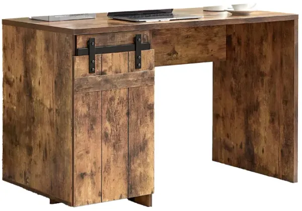 Fior Home Writing Desk, 47 Inch, Distressed Brown Wood, Faux Barn Door