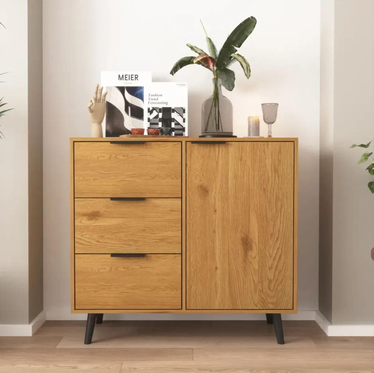 Storage Cabinet with 3 Drawers & Adjustable Shelf, Mid Century Cabinet with Door, Accent Cabinet for Living Room, Home Office, Entryway