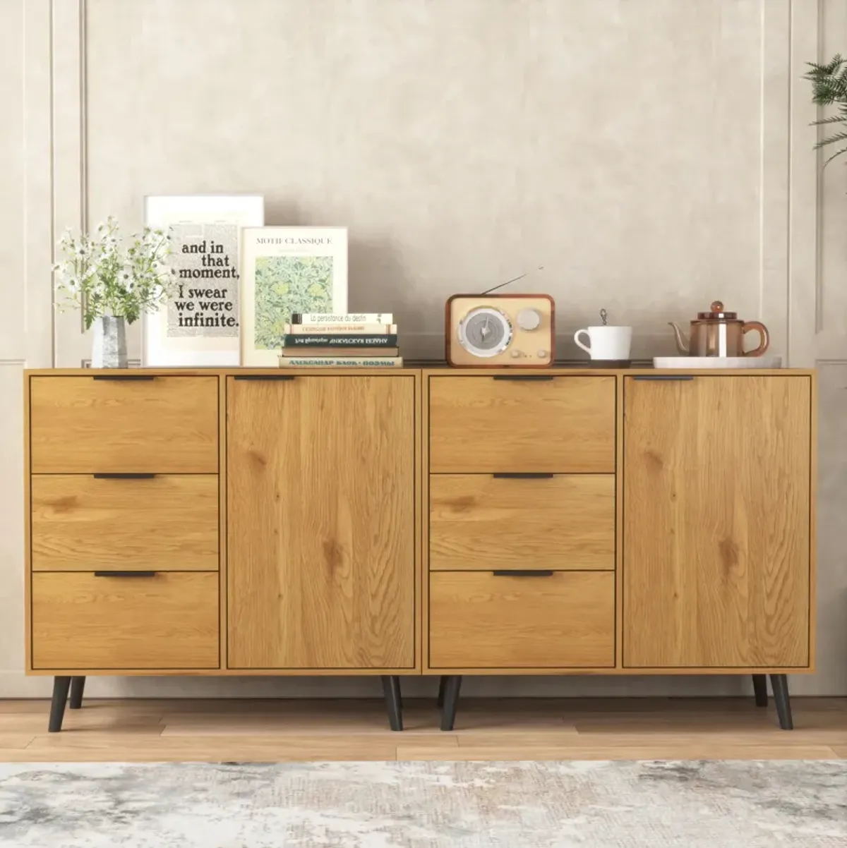 Storage Cabinet with 3 Drawers & Adjustable Shelf, Mid Century Cabinet with Door, Accent Cabinet for Living Room, Home Office, Entryway