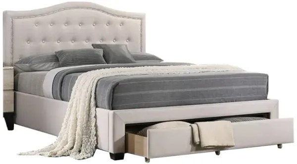 Buk Upholstered Tufted Queen Bed with Storage, Nailhead Trim, Ivory Burlap  - Benzara