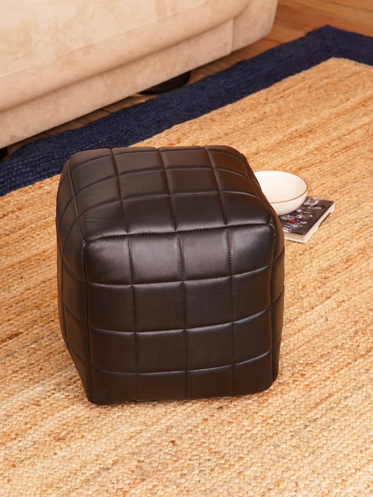 Geometric Handmade Goat Leather Square Pouf 14"x14"x14" (Recycled Cotton Fill) Black Color BBBACPF23A BBH Homes