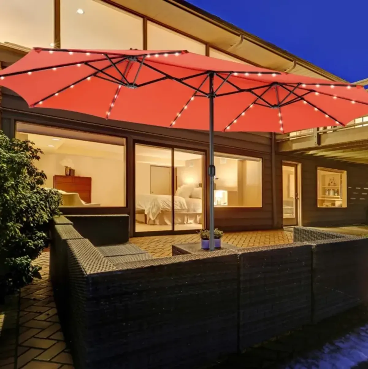 Hivvago 15 Feet Double-Sided Patio Umbrella with 48 LED Lights