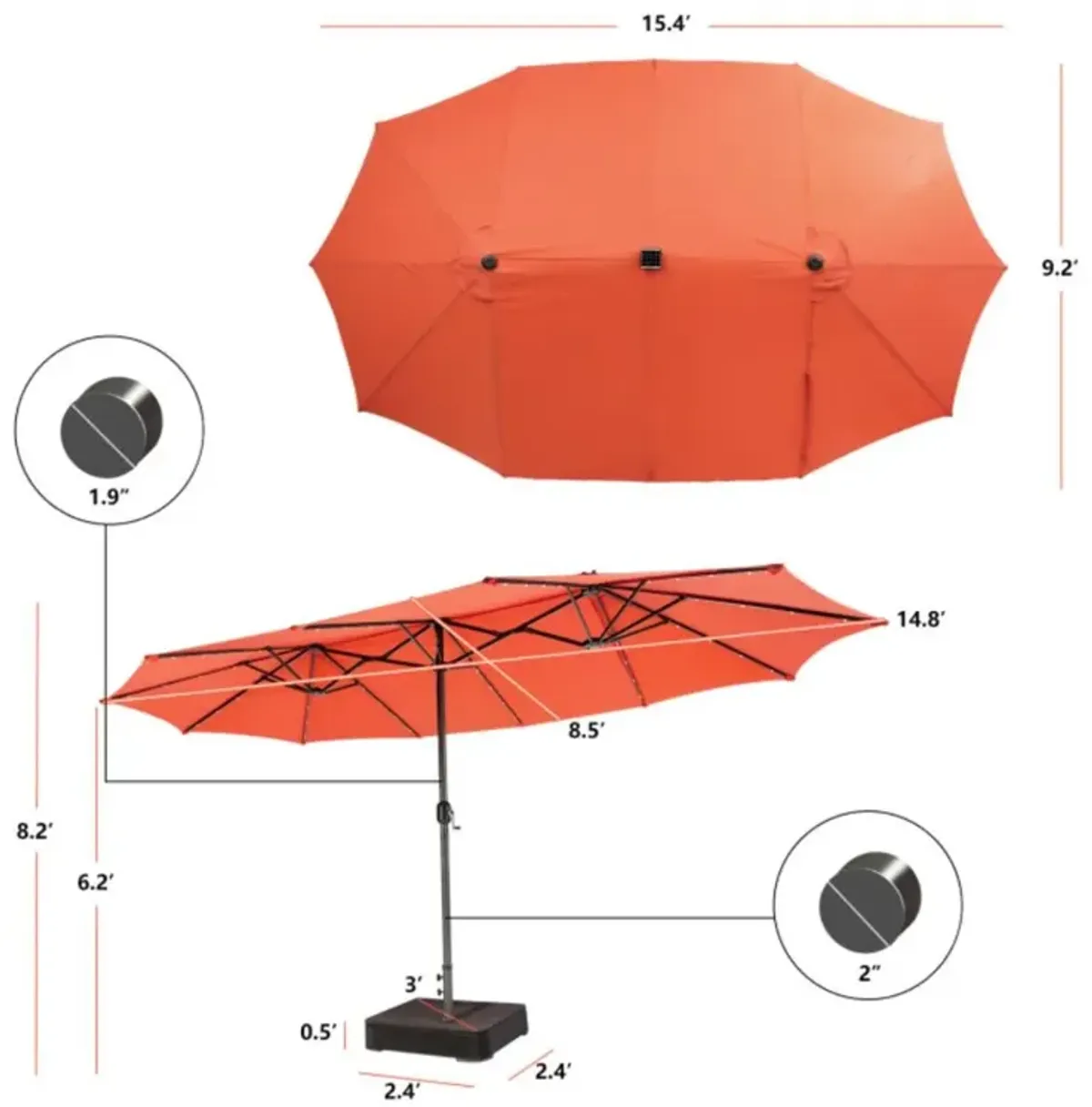 Hivvago 15 Feet Double-Sided Patio Umbrella with 48 LED Lights