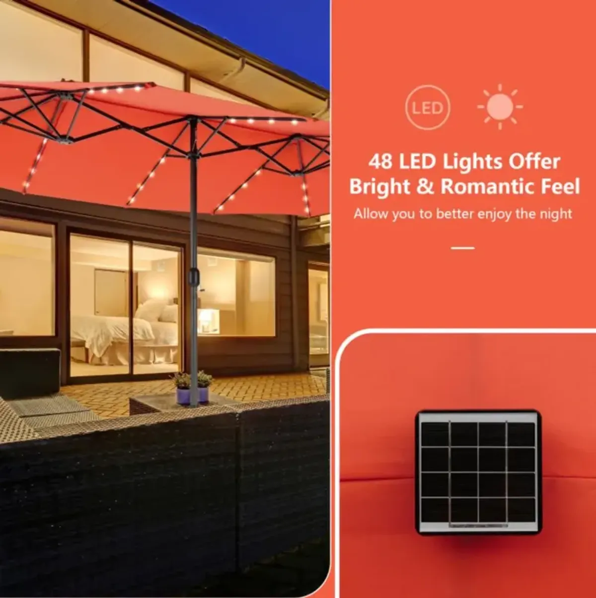 Hivvago 15 Feet Double-Sided Patio Umbrella with 48 LED Lights