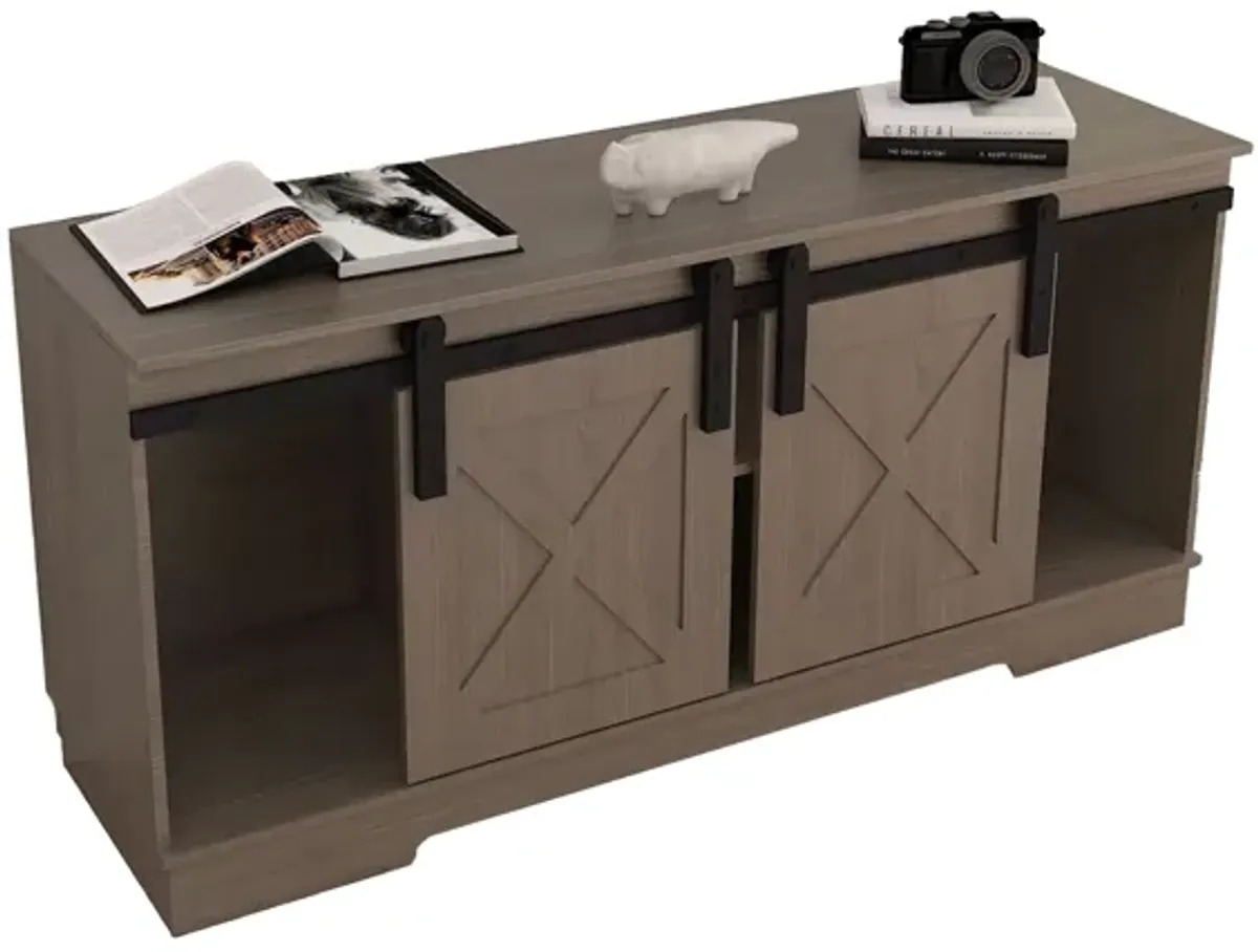 Jney 60 Inch TV Media Entertainment Console, 2 Sliding Barn Doors, Gray - Benzara